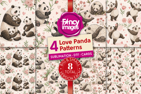 4 Love Panda Bears Seamless Patterns