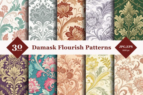 Damask Flourish Seamless Patterns 05