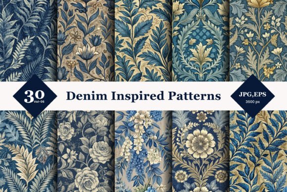 Denim Inspired Floral Seamless Patterns 06