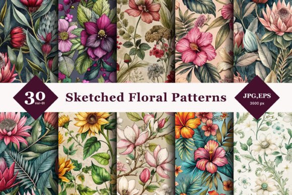 Hand Sketch Floral Seamless Patterns 01