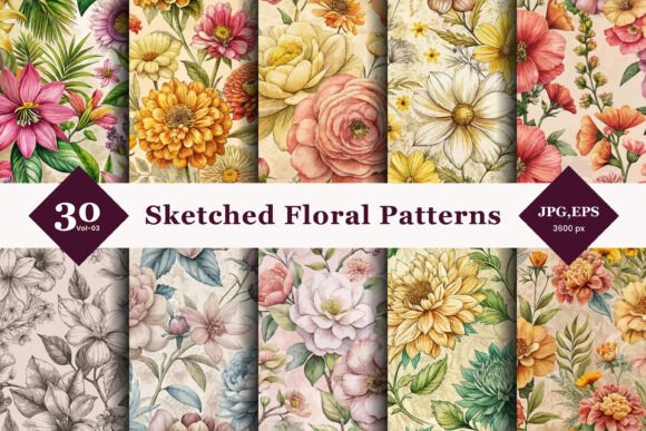 Hand Sketch Floral Seamless Patterns 03